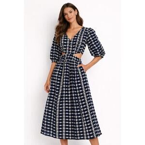 NWT SaturdayClub Navy Embroidered Cutout Detail Midi Dress Womens XXS